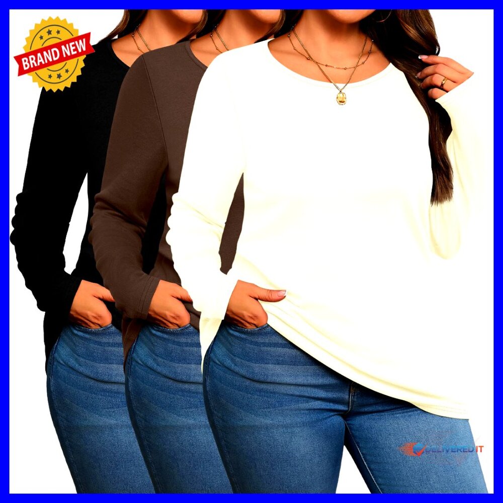 Plus Size Cotton Long Sleeve T-Shirts 3 Pack Scoop Neck Casual Tops